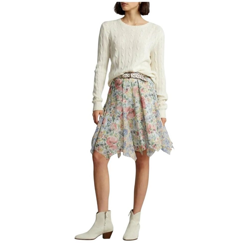 Polo Ralph Lauren Skirt Sz 8 Floral Georgette Handkerchief‎ Hem A-Line Pink Blue